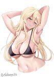  1girl bikini black_bikini blonde_hair blue_eyes blush breasts ebifurya eyebrows_visible_through_hair hair_between_eyes highres iowa_(kancolle) kantai_collection large_breasts looking_at_viewer navel one-hour_drawing_challenge simple_background solo star-shaped_pupils star_(symbol) swimsuit symbol-shaped_pupils twitter_username upper_body white_background 