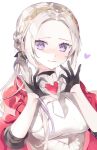  1girl alternate_costume alternate_hairstyle armor breastplate breasts cape edelgard_von_hresvelg fire_emblem fire_emblem:_three_houses fire_emblem_warriors:_three_hopes gloves hair_ornament hair_ribbon heart heart_hands highres long_hair looking_at_viewer meunhongcha official_alternate_costume official_alternate_hairstyle red_cape ribbon simple_background smile solo violet_eyes white_hair 