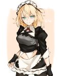  1girl absurdres apron aqua_eyes armor bangs black_gloves blonde_hair character_name closed_mouth commentary_request cowboy_shot fingerless_gloves g36_(girls&#039;_frontline) girls_frontline gloves hair_between_eyes highres long_hair looking_at_viewer maid maid_headdress mod3_(girls&#039;_frontline) navel ozeu0916 pantyhose smile solo 