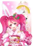  1girl :d animal_ears blush border cure_whip earrings floral_print hairband highres japanese_clothes jewelry kimono kirakira_precure_a_la_mode long_hair long_sleeves looking_at_viewer manekineko5319 obi open_mouth outline pink_eyes pink_hair pink_hairband pink_kimono precure print_kimono rabbit_ears sash signature sleeves_past_wrists smile solo twintails upper_body very_long_hair white_border wide_sleeves 