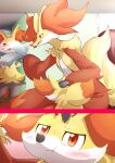  2girls :t animal_ear_fluff animal_ears animal_nose arm_up black_fur blush blush_stickers body_fur book braixen close-up closed_mouth commentary_request day delphox fang fennekin flat_chest fox_ears fox_girl fox_tail from_behind from_side furry furry_female hand_on_another&#039;s_head hands_up highres holding holding_book indoors jitome looking_up multiple_girls multiple_views okuyami_kitsune open_book open_mouth pokemon pokemon_(creature) pout profile red_eyes red_fur snout tail white_fur yellow_fur 
