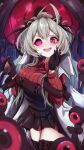  1girl alchemy_stars bangs eicy_(alchemy_stars) eyeball gloves grey_hair highres long_hair looking_at_viewer minksama open_mouth smile solo violet_eyes 