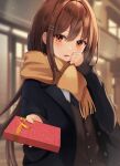  1girl amaneko_(amaneko_y) bangs blue_jacket blurry blurry_background blush brown_hair eyebrows_visible_through_hair gift hair_between_eyes hair_ornament hairclip highres holding holding_gift incoming_gift jacket long_hair looking_at_viewer necktie open_mouth orange_eyes original scarf school_uniform shirt signature solo sweater upper_body valentine white_shirt yellow_scarf 