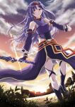  1girl anemonaris armor breastplate clouds cloudy_sky commentary_request detached_sleeves fingerless_gloves gloves highres holding long_hair looking_at_viewer outdoors pointy_ears purple_hair red_eyes rising_sun scenery sky solo sunburst sunrise sword_art_online yuuki_(sao) 
