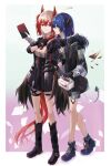  2girls animal_ears arknights asymmetrical_gloves bird_ears bird_tail black_footwear black_gloves black_jacket black_skirt blue_hair box chinese_commentary closed_mouth commentary_request demon_horns demon_tail detached_wings energy_wings fallen_angel fur-trimmed_hood fur_trim gift gift_box gloves halo hibioes highres hood hooded_jacket horns id_card jacket long_hair mismatched_gloves mostima_(arknights) multiple_girls open_clothes open_jacket parted_lips pastry_box red_eyes redhead shirt skirt suffering_(arknights) tail thigh_strap white_gloves white_shirt wings 