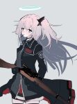  1girl absurdres ambriel_(arknights) arknights bangs blush choker coat food food_in_mouth gloves grey_eyes gun halo highres holding holding_gun holding_weapon infection_monitor_(arknights) kisaragimion lee-enfield long_hair open_clothes open_coat pink_hair pocky rifle side_ponytail solo weapon 