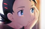  1boy bangs black_hair blue_eyes blurry brown_shirt close-up closed_mouth eyelashes goh_(pokemon) head_rest looking_to_the_side male_focus matsuno_opa pokemon pokemon_(anime) pokemon_swsh_(anime) portrait shirt short_hair solo 