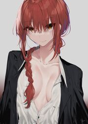  1girl absurdres braid braided_ponytail breasts breasts_apart business_suit chainsaw_man collarbone eyebrows_visible_through_hair formal hair_between_eyes hair_over_shoulder highres large_breasts long_hair looking_at_viewer makima_(chainsaw_man) narakuroko27 no_bra open_clothes redhead suit upper_body 