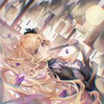  1girl arknights black_gloves blonde_hair blush breasts bug butterfly closed_fan dress dutch_angle elbow_gloves folding_fan from_side gloves hair_ornament hand_fan highres holding holding_fan indigo_(arknights) indigo_(serene_day)_(arknights) lantern long_hair long_sleeves looking_at_viewer looking_to_the_side lying medium_breasts minini97372 official_alternate_costume on_back one_side_up parted_lips purple_dress smile solo very_long_hair violet_eyes 