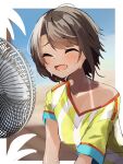  1girl absurdres bangs blush brown_hair closed_eyes electric_fan highres hololive hot leaning_forward oozora_subaru open_mouth shiny shiny_hair shirt shirt_slip short_hair sitting smile striped striped_shirt sweat t-shirt tan tanlines tsushi virtual_youtuber 