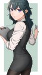  1girl absurdres alternate_costume black_legwear black_skirt blue_hair breasts business_suit byleth_(fire_emblem) byleth_eisner_(female) clipboard commentary_request contemporary fire_emblem fire_emblem:_three_houses formal highres holding holding_clipboard holding_pen large_breasts long_hair looking_at_viewer office_lady pantyhose parted_lips peach11_01 pen shirt skirt skirt_suit sleeves_rolled_up solo suit twitter_username violet_eyes white_shirt 