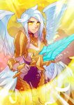  1girl angel_wings armor armored_boots bangs bodysuit boots closed_mouth glowing glowing_eyes holding holding_weapon kayle_(league_of_legends) league_of_legends medium_hair multiple_wings purple_bodysuit shoulder_armor solo vmat weapon white_bodysuit white_hair white_wings wings yellow_background yellow_eyes 