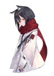  0_(znanimo) 1girl absurdres arknights arms_up black_hair checkered_clothes checkered_scarf coat ear_piercing eating eyebrows_visible_through_hair food fur-trimmed_sleeves fur_trim head_tilt highres long_sleeves looking_at_viewer mouth_hold official_alternate_costume piercing pocky red_scarf scarf simple_background solo texas_(arknights) texas_(winter_messenger)_(arknights) upper_body white_background white_coat winter_clothes winter_coat yellow_eyes 