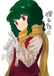  1girl arrow_(symbol) ascot bangs clenched_hand closed_mouth commentary_request dress_shirt enpera expressionless eyebrows_visible_through_hair from_side fur-trimmed_gloves fur_trim gloves green_hair hands_up kazami_yuuka kinosaki long_sleeves looking_at_hand looking_at_hands looking_away looking_down medium_hair no_pupils open_clothes open_hand open_vest plaid plaid_skirt plaid_vest pom_pom_(clothes) puffy_long_sleeves puffy_sleeves red_eyes red_skirt red_vest scarf shirt shirt_tucked_in simple_background skirt skirt_set solo touhou translation_request upper_body vest wavy_hair white_background white_gloves white_shirt winter_clothes yellow_ascot yellow_scarf 