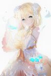  1girl absurdres blonde_hair blue_eyes book bubble dress gem highres indie_virtual_youtuber jewelry kagefumi looking_at_viewer looking_to_the_side mahochi necklace pale_skin solo virtual_youtuber water 