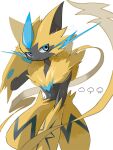  absurdres blue_eyes blue_fur blurry closed_mouth commentary_request furry hand_up highres kashiwa_gnu looking_at_viewer pokemon pokemon_(creature) solo white_background yellow_fur zeraora 