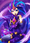  1girl 2019 artist_name bangs black_gloves blue_eyes elbow_gloves gem gloves green_hair hair_ornament heterochromia index_finger_raised league_of_legends looking_at_viewer magic multicolored_hair official_alternate_costume pink_background pink_eyes pointy_ears purple_hair purple_lips single_leg_pantyhose single_thighhigh smile star-shaped_pupils star_(symbol) star_guardian_(league_of_legends) star_guardian_zoe stuffed_toy symbol-shaped_pupils thigh-highs vmat zoe_(league_of_legends) 