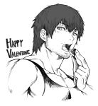  1boy ardbert_(ff14) black_shirt blush candy chocolate commentary facial_hair final_fantasy final_fantasy_xiv food greyscale happy_valentine heart heart-shaped_chocolate highres large_pectorals looking_at_viewer male_focus medium_hair monochrome open_mouth pectorals shirt sketch sleeveless sleeveless_shirt solo stubble valentine zanki 