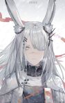  1girl absurdres animal_ear_fluff animal_ears arknights bingansuan_jiamouren breath coat dated ear_ornament frostnova_(arknights) grey_eyes grey_hair hair_ornament hair_over_one_eye hairclip highres lips long_hair looking_at_viewer rabbit_ears scar scar_on_face scar_on_nose shiny shiny_hair solo straight-on upper_body white_background white_coat 