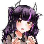  1girl alternate_costume bangs black_hair black_shirt blunt_bangs blush commentary_request dameyoshi demon_girl demon_horns eyebrows_visible_through_hair highres horns jewelry kojo_anna lace long_hair looking_at_viewer multicolored_hair open_mouth pointy_ears purple_hair ring see-through_shirt shirt simple_background smile solo sugar_lyric twintails two-tone_hair upper_body virtual_youtuber white_background yellow_eyes 