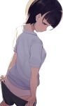  1girl ass black_hair black_shorts blue_eyes clothes_pull from_behind highres hiroki_(yyqw7151) looking_at_viewer original pulled_by_self shirt short_hair short_sleeves shorts shorts_pull simple_background solo t-shirt white_background white_shirt 