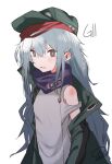  1girl artist_name bangs blush brown_eyes character_name eyebrows_visible_through_hair g11_(girls&#039;_frontline) girls_frontline green_jacket grey_eyes grey_hair hair_between_eyes hat highres jacket long_hair looking_at_viewer open_mouth shirt signature silver_hair simple_background sleeveless sleeveless_shirt solo tosyeo upper_body white_background 