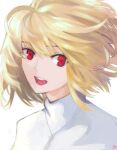 1girl :d arcueid_brunestud bangs blonde_hair floating_hair hair_between_eyes highres looking_at_viewer moedredd open_mouth portrait red_eyes shirt short_hair signature smile solo tsukihime white_background white_shirt 