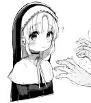  1girl 1other ? child cropped_torso eyebrows eyebrows_visible_through_hair greyscale habit highres kawaraya_koh long_hair monochrome nijisanji nun out_of_frame sister_cleaire sketch solo_focus spoken_question_mark upper_body virtual_youtuber younger 