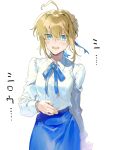  ahoge artoria_pendragon_(fate) background_text bangs bikkusama blonde_hair blue_bow blue_eyes blue_ribbon blue_skirt blush bow bowtie eyebrows_visible_through_hair fate/stay_night fate_(series) hair_bun hand_on_own_stomach highres long_sleeves looking_at_viewer open_mouth ribbon saber shirt simple_background skirt sword translated weapon white_background white_legwear 