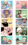  3girls 6+boys blonde_hair cheppo chilchuck community dungeon_meshi dwarf eating elf falin_thorden food halfling helmet highres izutsumi kabru laios_thorden marcille meme mithrun multiple_boys multiple_girls pancake pizza pointy_ears senshi_(dungeon_meshi) walking_mushroom_(dungeon_meshi) woman_yelling_at_cat_(meme) 