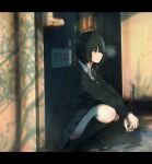  1girl alley amagami bangs black_footwear black_hair black_jacket black_sailor_collar black_skirt breath door dress_shirt expressionless graffiti hair_between_eyes highres jacket kibito_high_school_uniform letterboxed loafers looking_ahead nanasaki_ai no_entry_sign own_hands_together pipe pleated_skirt puddle road_sign sailor_collar school_uniform shirt shoes short_hair sign skirt solo squatting tenpanco title v_arms white_shirt 