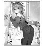  agnes_tachyon_(umamusume) ahoge animal_ears ass bag bare_shoulders blush casual commentary_request doorway greyscale hair_between_eyes handbag highres horse_ears horse_girl horse_tail jewelry looking_at_viewer looking_back monochrome off-shoulder_shirt off_shoulder pants ring shirt shoes short_hair sneakers tail umamusume wedding_band yanyo_(ogino_atsuki) 