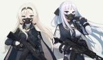  2girls ak-12 ak-12_(girls&#039;_frontline) an-94 an-94_(girls&#039;_frontline) assault_rifle black_gloves blonde_hair braid breasts closed_eyes dlarudgml21 french_braid girls_frontline gloves green_eyes gun highres holding holding_gun holding_weapon kalashnikov_rifle long_hair long_sleeves magazine_(weapon) mask medium_breasts mouth_mask multiple_girls reflex_sight rifle scope sidelocks sight silver_hair tactical_clothes violet_eyes weapon 