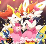  2boys 2girls animal_ear_fluff animal_ears animal_nose blue_skin blush body_fur bow bowtie braixen bright_pupils buttons chromatic_aberration cinderace closed_eyes clothed_pokemon collared_dress colored_skin commentary_request confetti cowboy_shot dress embarrassed fang flat_chest fox_ears fox_girl fox_tail frilled_dress frills fur_collar furry furry_female furry_male glowstick gradient gradient_background greninja hair_bow hands_up happy head_fins heart heart-shaped_pupils highres holding holding_glowstick holding_microphone idol inteleon light_rays long_tongue looking_away looking_to_the_side microphone multicolored_skin multiple_boys multiple_girls music nervous one_eye_closed open_mouth outline outstretched_arm own_hands_together partial_commentary pink_bow pink_bowtie pink_dress pokemon pokemon_(creature) rabbit_ears rabbit_girl rabbit_tail red_background red_eyes red_fur redhead reptile_boy sash short_dress short_hair sideways_mouth simple_background singing skin_fang sleeveless sleeveless_dress smile snout speech_bubble spoken_heart standing stick subaru331 sweat symbol-shaped_pupils tail talking tongue tongue_out translation_request two-handed two-tone_skin upper_body white_fur white_outline white_pupils wide-eyed yellow_fur yellow_skin 