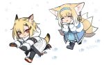  2girls ^_^ animal_ears arknights artist_name birb_b304 black_footwear black_gloves black_legwear blue_coat blue_hairband blue_shirt blush boots chibi closed_eyes coat commentary english_commentary eyebrows_visible_through_hair footprints fox_ears fox_girl fox_tail fur-trimmed_coat fur_trim gloves hair_between_eyes hair_ornament hairband hairclip happy highres kitsune kyuubi looking_at_viewer multicolored_hair multiple_girls multiple_tails notched_ear open_clothes open_coat orange_eyes pantyhose paw_print running shirt short_hair snowflake_background snowflakes streaked_hair suzuran_(arknights) tail vermeil_(arknights) white_background white_coat white_gloves white_hair winter_clothes winter_coat 