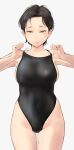  1girl black_hair black_swimsuit breasts brown_eyes collarbone competition_swimsuit covered_navel cowboy_shot facing_viewer large_breasts looking_down one-piece_swimsuit original short_hair simple_background smile solo standing swimsuit thigh_gap very_short_hair wa_(genryusui) white_background 