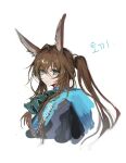  0m1nyu 1girl amiya_(arknights) animal_ears arknights ascot black_jacket blue_ascot blue_eyes brown_hair clothes_writing cropped_torso eyebrows_visible_through_hair highres jacket long_hair ponytail rabbit_ears sidelocks simple_background sketch solo upper_body white_background 