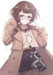  1girl absurdres anya_melfissa belt braid brown_hair cowboy_shot glasses highres hkina7 hololive hololive_indonesia miniskirt multicolored_hair necktie short_hair short_necktie side_braid skirt solo streaked_hair thigh-highs trench_coat violet_eyes virtual_youtuber 
