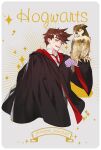  1boy animal_on_arm bird brown_hair cape character_name cloak crossover gloves green_eyes gryffindor harry_potter_(series) hogwarts_school_uniform jojo_no_kimyou_na_bouken joseph_joestar joseph_joestar_(young) male_focus necktie owl school_uniform sobi_(dnenqkswja) solo 