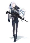  absurdres ak-12 ak-12_(girls&#039;_frontline) assault_rifle black_footwear black_gloves black_pants boots braid breasts closed_eyes dlarudgml21 french_braid girls_frontline gloves gun highres holding holding_gun holding_weapon kalashnikov_rifle long_hair long_sleeves magazine_(weapon) mask mask_around_neck medium_breasts pants reflex_sight rifle sidelocks sight silver_hair tactical_clothes weapon 