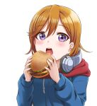  1girl absurdres bangs birthday burger eating eyebrows_visible_through_hair food headphones headphones_around_neck highres hood hood_down hooded_jacket jacket jan_azure long_hair long_sleeves love_live! love_live!_superstar!! orange_hair shibuya_kanon solo transparent_background upper_body violet_eyes 