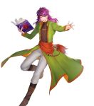  1boy :d bangs black_shirt book boots brown_footwear coat fire_emblem fire_emblem:_the_binding_blade fire_emblem_heroes green_coat hairband highres holding holding_book hugh_(fire_emblem) ichibi long_hair long_sleeves looking_at_viewer male_focus non-web_source official_art open_clothes open_coat pants purple_hair red_sash sash shirt smile solo transparent_background violet_eyes white_pants 