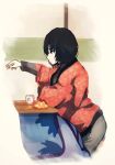  1girl absurdres amagami black_hair black_shirt blanket bob_cut brown_eyes commentary_request cup food fruit giving grey_pants hair_strand hanten_(clothes) highres holding holding_food jacket japanese_clothes kotatsu long_sleeves mandarin_orange nanasaki_ai on_wall orange_(fruit) orange_slice pale_skin pants partial_commentary patterned_clothing raised_eyebrows red_jacket shirt short_hair short_sleeves shouji sitting sliding_doors solo table teacup tenpanco turtleneck wide_sleeves 