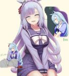  !? animal_ears between_legs blue_eyes blush breasts closed_eyes collarbone gift hair_ornament hand_between_legs highres horse_ears lap_pillow large_breasts long_hair mejiro_ardan_(umamusume) open_mouth ryouta_(ryouta335) school_uniform simple_background sweatdrop trainer_(umamusume) umamusume yellow_background 