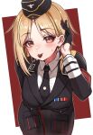  1girl absurdres armband black_gloves black_headwear black_jacket black_necktie blonde_hair candy chocolate collared_shirt eyebrows_visible_through_hair food food_in_mouth garrison_cap girls_frontline gloves half_gloves hat heart heart-shaped_chocolate highres jacket long_sleeves looking_at_viewer military_jacket mouth_hold mp40_(girls&#039;_frontline) necktie shirt short_hair solo sweat toryu_fufu wehrmacht white_shirt yellow_eyes 
