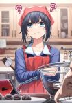  1girl ? apron black_hair blue_eyes chocolate chocolate_making commentary_request crossed_arms glass_bowl highres junshiki kitchen original solo spatula spoon sweat tablet_pc twitter_username 
