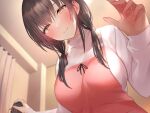  1girl apron bangs black_hair blush breasts closed_mouth commentary_request eyebrows_visible_through_hair from_below large_breasts long_sleeves looking_at_viewer looking_down medium_hair original red_apron shirt smile solo white_shirt yellow_eyes yuyu_(yuyuworks) 