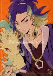  1boy adaman_(pokemon) banned_artist brown_eyes brown_shirt coat collar collarbone copyright_name earrings eyebrow_cut fingernails framed green_hair hand_wraps jewelry leafeon male_focus multicolored_hair orange_background parted_lips pokemon pokemon_(creature) pokemon_(game) pokemon_legends:_arceus purple_coat purple_hair shirt smile yu_(xcapriccioso) 