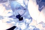  1girl absurdres bird blue_eyes blurry blurry_foreground chinese_text coat commentary english_text eyelashes grey_hair hair_between_eyes highres hood hood_up looking_at_viewer original parted_lips shadow solo sugomori_tsuru_(artist) upper_body white_coat white_hair 