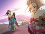  2girls beach black_hair blue_kimono clouds floral_print glasses grey_hair hagoita hair_ornament hane_(hanetsuki) hanetsuki highres holding holding_paddle idolmaster idolmaster_shiny_colors japanese_clothes kimono mitsumine_yuika mmiyakoo multiple_girls ocean paddle ponytail red_kimono serizawa_asahi short_hair sky smile sunlight 